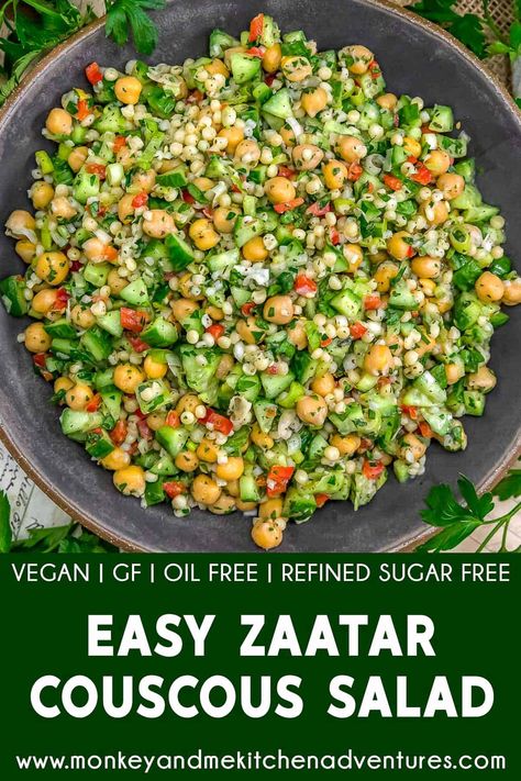 Bursting with flavor, this Easy Zaatar Couscous Salad combines couscous, chickpeas, veggies, and herbs tossed together in a zesty dressing. #wholefoodplantbased #vegan #oilfree #glutenfree #plantbased | monkeyandmekitchenadventures.com Couscous, Plant Based Foods List, Monkey And Me Kitchen Adventures, Monkey And Me, Oil Free Vegan Recipes, Couscous Recipes, Superfood Recipes, Couscous Salad, Oil Free Vegan