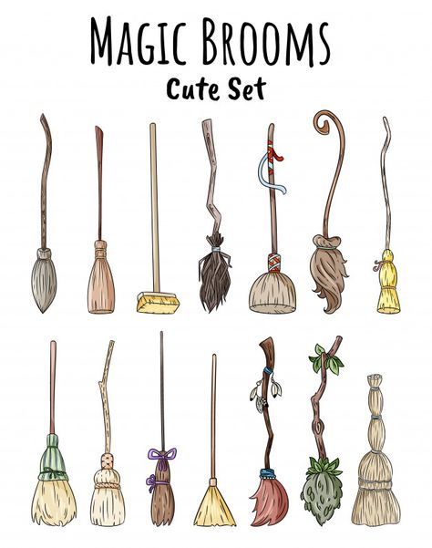 Set of cute broomstick doodles Premium V... | Premium Vector #Freepik #vector #vintage Harry Potter Broom Drawing, Witch Broom Aesthetic, Witches Broom Drawing, Broom Painting, Broom Drawing, Harry Potter Broom, Witches Broomsticks, Super Nana, Witch Drawing