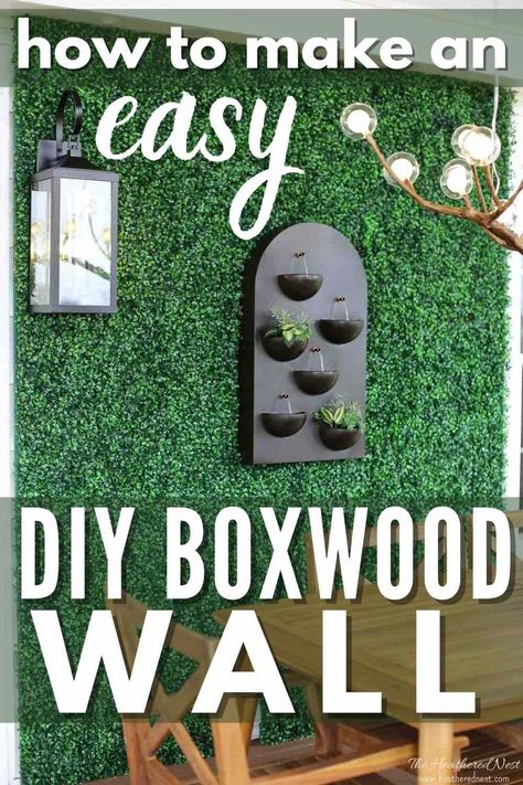 Faux boxwood or faux floral walls are awesome for parties, and for beautiful and affordable home decor both inside and outdoors. Learn how to make a gorgeous DIY boxwood wall in just 5 steps. #DIYboxwoodwall #DIYphotowall #greenwall #greenphotobackdrop #boxwoodwall #greenerywall #wallmountedwaterfeature #outdoorliving #outdoordartboard #outdoorlivingideas #boxwood #boxwoodpanels #greenerypanels Faux Foliage Wall, Greenery Patio Wall, Making A Green Wall, Faux Plant Wall Outdoor, Grass Wall With Neon Sign Diy, Faux Grass Wall Backyard, Faux Hedge Wall Outdoor, Grass Wall Backdrop Classroom, Faux Greenery Wall Indoor