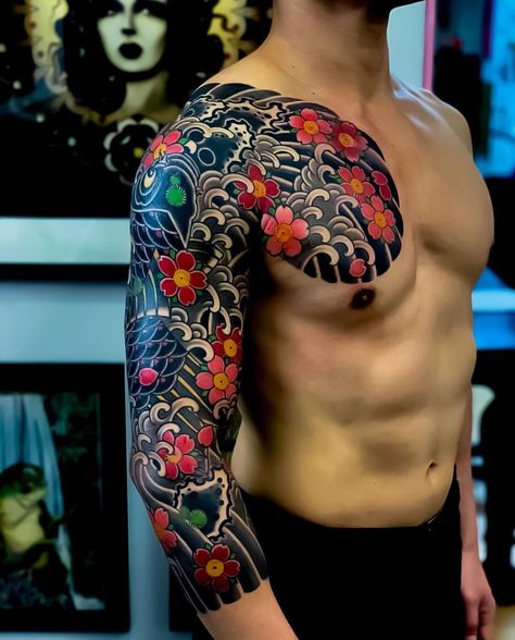 Japanese tattoo sleeve by @tomtom_tattoo. #japaneseink #japanesetattoo #irezumi #tebori #colortattoo #colorfultattoo #cooltattoo… Yakuza Style Tattoo, Japanese Tattoo Sleeve, Geisha Tattoos, Koi Tattoo Sleeve, Bodysuit Tattoos, Japanese Tattoos For Men, Dragon Sleeve, Yakuza Tattoo, Dragon Sleeve Tattoos