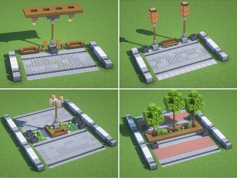 Minecraft City Park Ideas, Minecraft Intersection, Minecraft Bleachers, Minecraft Big Fountain, Minecraft Walking Path, Minecraft City Road Ideas, Parking Lot Minecraft, Minecraft Stop Sign, Minecraft Main Street