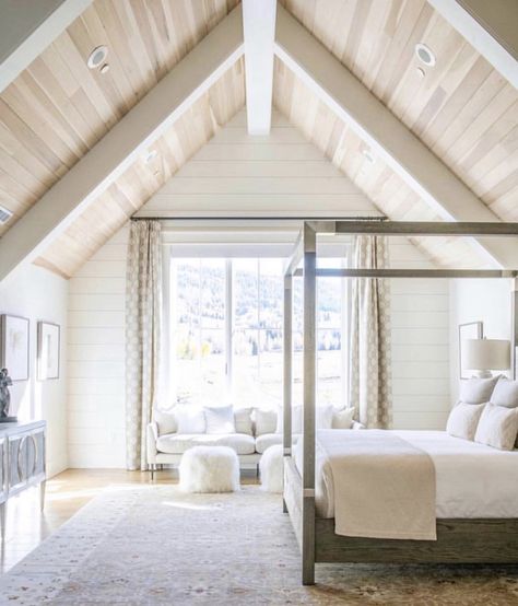 Attic Inspiration, Vaulted Ceiling Bedroom, Wooden Canopy Bed, Shiplap Accent Wall, French Country Bedrooms, Hill Interiors, Gorgeous Bedrooms, Bedroom Ceiling, Country Bedroom