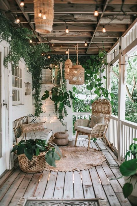 Boho Porch Ideas, Sun Porch Ideas Enclosed, Boho Porch Decor Outdoor, Midterm Rental, Boho Porch Decor, Boho Front Porch, Small Porch Decor, Tulum House, Bohemian Porch