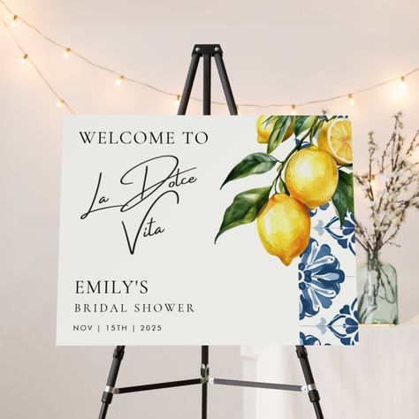 La Dolce Vita Hens Party, La Dolce Vita Wedding, Positano Decor, Blue Yellow Weddings, Yellow Wedding Theme, Bridal Shower Inspiration, Bridal Shower Welcome Sign, Yellow Wedding, Positano