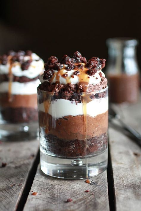 Chocolate Lovers Triple Layer Coffee Caramel Chocolate Mousse Cakes | halfbakedharvest.com Caramel Chocolate Mousse, Trifle Recipes Easy, Dessert Mini, Mousse Cakes, Coffee Caramel, Torte Cupcake, Dessert In A Jar, Trifle Recipe, Chocolate Mousse Cake