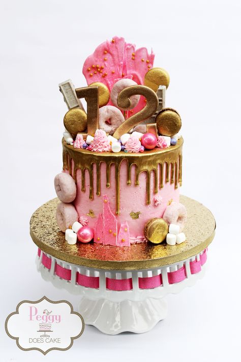 Pink and gold drip ('junk') cake with gold macs for 12 year old birthday celebration.   #12birthdaycake #pinkbirthdaycake #goldbirthdaycake #pinkandgoldbirthdaycake #goldandpinkbirthdaycake #golddripcake #pinkdripcake #pinkandgolddripcake #goldandpinkdripcake #pinkandgoldjunkcake #goldandpinkjunkcake #peggydoescake Birthday Cake For 12 Year Girl, Paris Birthday Cakes, 12th Birthday Cake, Gold Birthday Cake, Teen Cakes, 13 Birthday Cake, Birthday Cakes For Teens, Pink Birthday Cakes, Cake Online