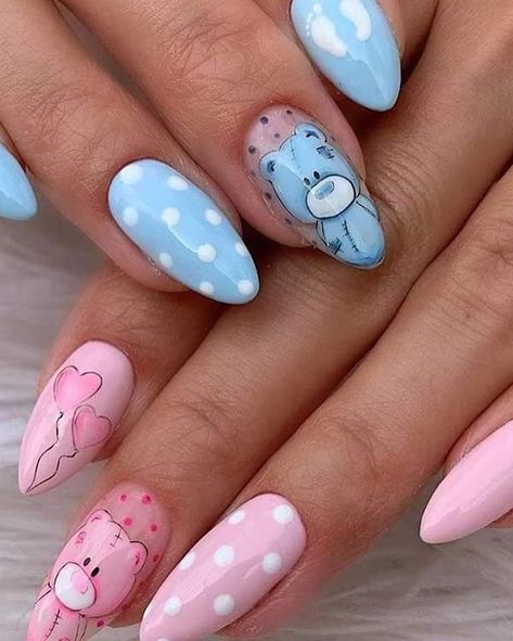 General Reveal Nails, Nails For Gender Reveal Party, Nails Gender Reveal Cute Ideas, Gender Reveal Nail Designs, Uñas Baby Shower, Baby Gender Nails, Baby Nails Design, Gender Nails Ideas, Baby Shower Nails Ideas