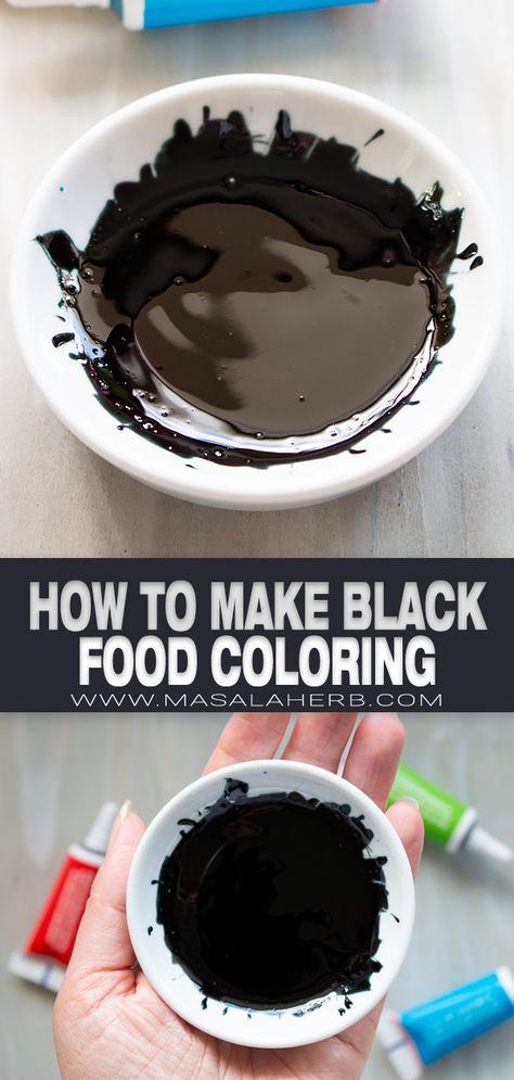 Mix up these colors to make your own black food dye from scratch! It takes less than 5 minutes. How To Mix Food Coloring To Make Different Colors, Making Black Frosting, Black Food For Halloween, How To Make Black Food Coloring Diy, How To Make Black Chocolate, Black Color Desserts, How To Make Black Playdough, Black Fondant Recipe, How To Make Black Icing Food Coloring