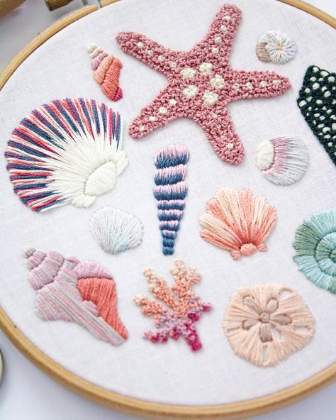 Seashell Embroidery Pattern, Intermediate Tutorial, Beach Hand Embroidery, Hawaii Craft, Beachy Needle Craft, Shell Aesthetic, Maggie Jo - Etsy Seashell Knitting Pattern, Embroidery Shells Seashells, Shell Embroidery Pattern, Embroidered Sea Shells, Shell Embroidery Design, Embroidery Inspiration Hand Stitching, Sea Animals Embroidery, Aquatic Embroidery, Shells Aesthetics