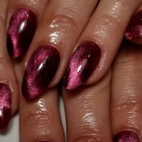 Maroon Velvet Nails, Fuschia Cat Eye Nails, Maroon Shimmer Nails, Jelly Mauve Nails, Purple Cat Eye Nails Short, Burgundy Cats Eye Nails, Cherry Cat Eye Nails, Wine Gold Nails, Cat Eye Nails Burgundy