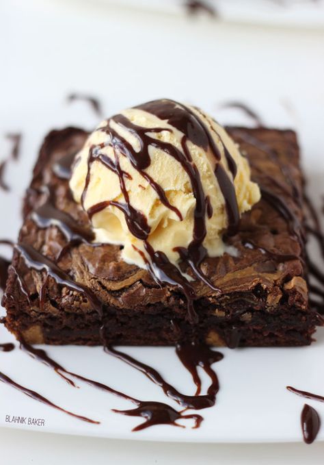 Hot Fudge Peanut Butter Swirl Brownie Sundae ~ http://blahnikbaker.com Peanut Butter Swirl Brownies, Sundae Recipes, Brownie Sundae, Swirl Brownies, Cookie Dough Bites, Fudge Brownie, Chocolate Chunk Cookies, Fudge Brownies, Hot Fudge