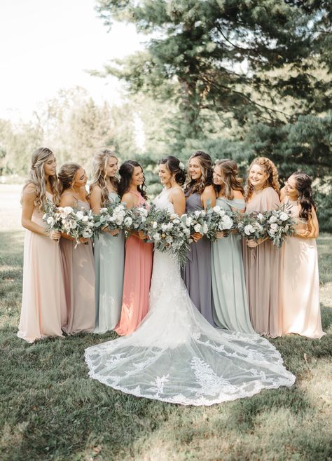 Dusty sage, taupe, peach, rusty rose, grey, earth tone bridesmaid dresses, Azazie, Lulus Garden Wedding Bridesmaid Dresses, Bridesmaid Dresses Different Colors, Mixed Bridesmaid Dresses, Bridesmaid Dresses Color Palette, Dresses Images, Garden Wedding Bridesmaids, Pastel Bridesmaids, Mix Match Bridesmaids, Spring Bridesmaid Dresses