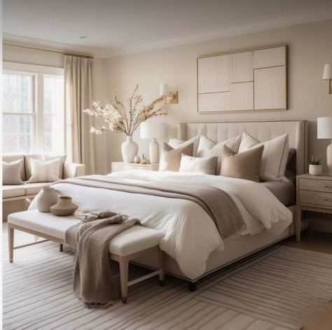 White Colour Bedroom Ideas, Chip And Joanna Bedroom Ideas, Owners Retreat Bedrooms, Neutral Bedroom Art, Cozy Master Bedrooms Decor Modern, Luxury Neutral Bedroom, Neutral Beds, Hotel Bedroom At Home, Modern Cozy Bedroom Neutral