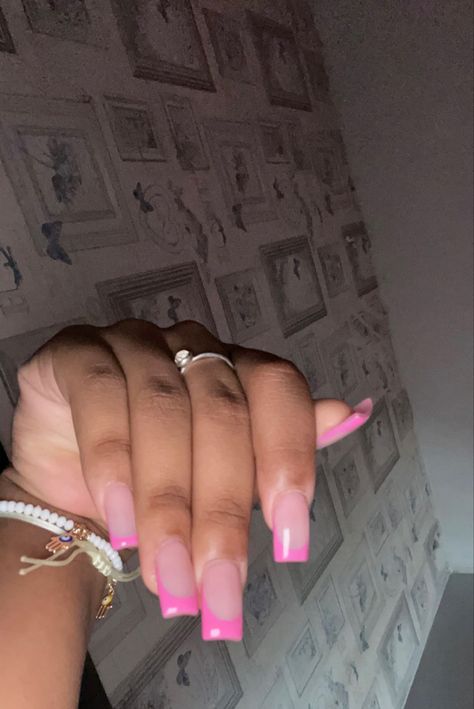 French Nails Regular, Med Square Acrylic Nails French Tip, Long Squoval Nails Design, Pink Nails Medium Length Square, French Tip And Rhinestone Nails, Nails Inspo Square Medium, French Tip Nails Square With Design, Basic Medium Acrylic Nails, Nail Color French Tip