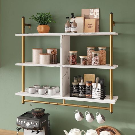 Bestier Kitchen Shelves Wall Mounted Floating Pipe Shelving 3 Tier 41.5" Coffee Bar Shelf with Holder Wall Display Storage Rack Kitchen Organization and Home Decor, White Faux Marble It can hold your favorite books, decorations, coffee supplies, wine & more stuff, saving you a lot of space. There are 8 additional hooks that can be placed on the bottom metal tube to hang clothes, keys, & some small items. Industrial Design Kitchen, Toilet Laundry Room, Laundry Room Garage, Kitchen Coffee Bar, Pipe Shelving, Bar Toilet, Kitchen Floating Shelves, Kitchen Wall Shelves, Industrial Kitchen Design