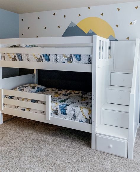 Step up your game with these bunk and loft beds! 😉⁠ .⁠ #mymaxtrix #bunkbeds #loftbed #kidsroominspo #custombed #boymom #girlmom #backtoschool Low Bunk Bed With Stairs, Bunk Bed Unisex Room, Kids Bunk Bed Stairs, Twin Bunk Beds With Stairs, Brother Bunk Beds, Toddler Room Bunk Beds, Toddler Boy Bunk Bed, Stairs Bunk Bed, Bunk Beds For Brother And Sister