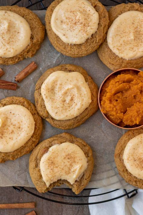 Pumpkin Spice Cookies Aesthetic, Pumpkin Cookies With Maple Frosting, October Baked Goods, November Baking, Pumpkin Cream Cheese Cookies, Pumpkin Cheesecake Filling, Pumpkin Shaped Cookies, Pumpkin Cheesecake Cookies, Pumpkin Cream Cheese Pie