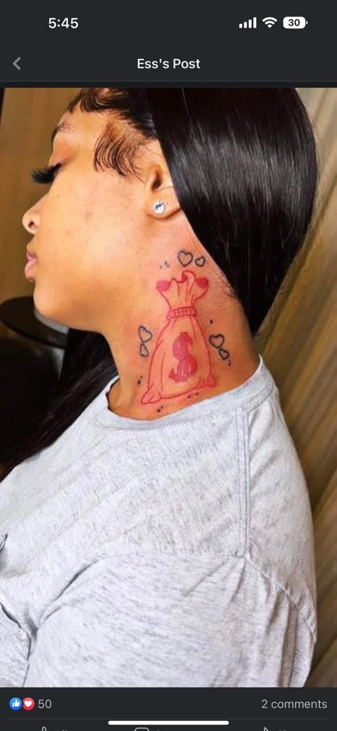 Cute Neck Tattoos For Black Women, Neck Tattoos On Black Women, Baddie Tattoos Neck, Neck Tats Black Women, Moneybag Tattoos On Neck, Thug Tattoos For Women Neck, Money Bag Neck Tattoo, Hood Girl Tattoos, Baddie Neck Tattoo Ideas Female