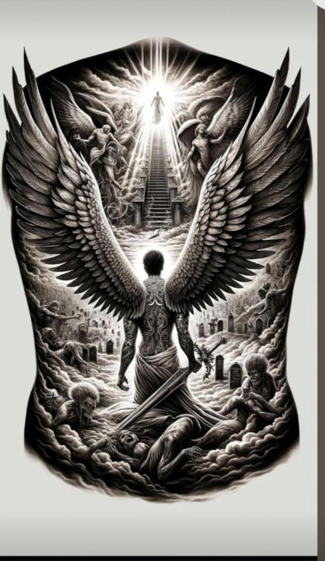 Arc Angel Michael Tattoo, Angel Warrior Tattoo, Angel Back Tattoo, Guardian Angel Tattoo Designs, Prison Drawings, St Michael Tattoo, Chest Tattoo Stencils, Warrior Tattoo Sleeve, Archangel Tattoo