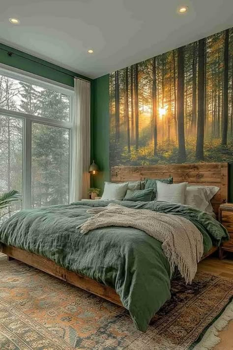 Forest Theme Guest Room, Bedroom Decor Themes, Rustic Forest Bedroom, Forest Bedroom Aesthetic Cozy, Lake Themed Bedroom, Cave Bedroom Ideas, Woodland Bedroom Adult, Nature Aesthetic Bedroom, Nature Bedroom Aesthetic