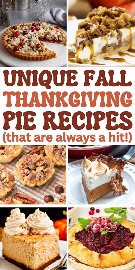 Easy Thanksgiving pie recipes and holiday dessert ideas for Thanksgiving potlucks, Friendsgiving, and your Thanksgiving dinner menu. Thanksgiving Pies Crust Designs, Fall Cream Pie Recipes, Thanksgiving Pies Aesthetic, Best Pie Recipes Thanksgiving, Homemade Pies For Thanksgiving, Pumpkin Pie Pecan Crust, Easy Pie Thanksgiving, Easy Unique Pie Recipes, Thanksgiving Pie Flavors