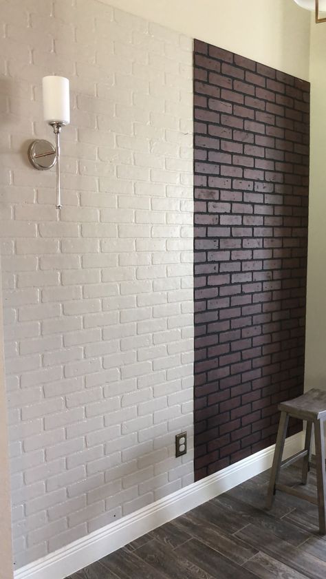 Painted Brick Wall Panel, Painted Faux Brick Wall Living Room, Brick Wall Painted White, Paint Brick Wall Interior, Painted Brick Paneling, Fake Brick Walls, Faux Brick Wall Living Room, Painted Brick Accent Wall, Painting A Brick Wall