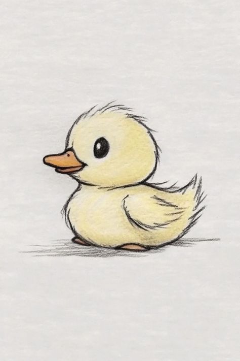 Single Duckling Walking A Animal Drawing, Mini Duck Drawing, Drawing Ideas About Nature, Cute Paintings Of Animals, Ducks Drawing Cute, Duck And Ducklings Drawing, Cute Drawings Duck, Cute Art Drawings Doodles, Cute Easy Cartoon Drawings