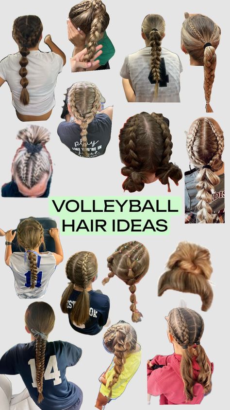 Volleyball hair ideas!! Comment what one is your favorite. #fyp #shufflefyp #volleyball #Hair #Volleyballhair Vball Hair Inspired, Hair Styles For Netball, Hairstyles For Volleyball Tournaments, Volleyball Girls Hairstyles, Braids For Volleyball Games, Volleyball Hair Accessories, 2 Braids In A Ponytail, Easy Volleyball Hairstyles Short Hair, Volleyball Hair Ties