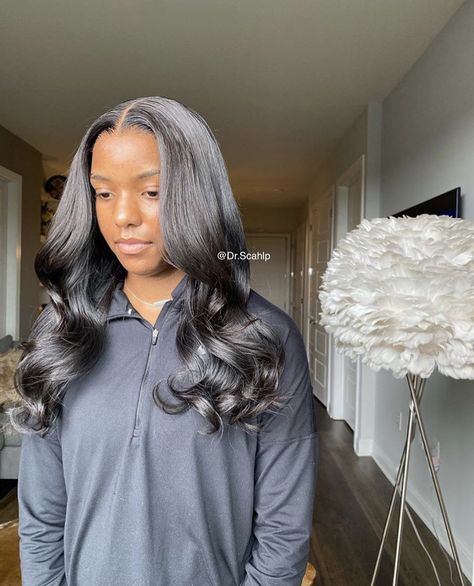 Leave Out Ideas, See In No Leave Out, Natural Sewin With Leave Out, Middle Part Sew In With Leave Out Body Wave, Teenage Sew In Hairstyles, Teen Sew In Hairstyles, Sewins Hairstyles, Middle Part With Layers Black Women Curls, Layered Middle Part Sew In Weave Straight