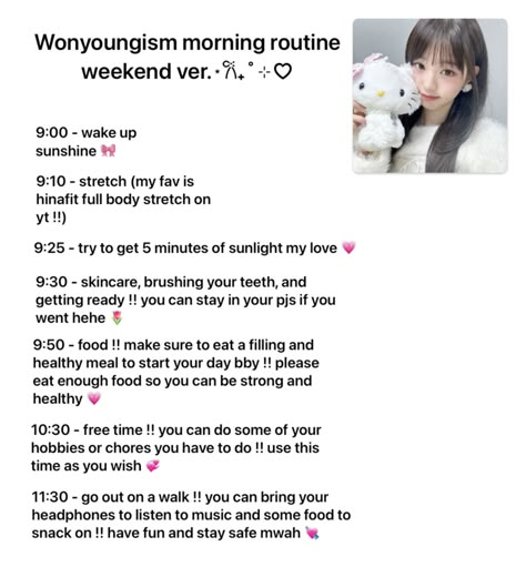 #wonyoungism #morning #morningroutines #pink #love Wonyoungism Weekend Routine, Pink Morning Routine, Wonyoungism Morning Routine School, Wonyoungism Routine Weekend, Wonyoungism Breakfast, Wonyoung Morning Routine, Wonyoungism Morning Routine, Wonyoungism Routine, Wonyoungism Tips