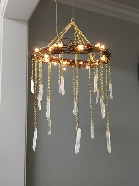 Bohemian Wood & Crystal Chandelier Pendant Lighting Wood Lamps Crystal Mobile, Bohemian Nursery, Yoga Studio Design, Diy Lampe, Rustic Chandelier, Diy Crystals, Rustic Lighting, Cool Ideas, Yurt