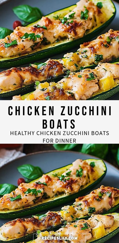 Transform your dinner with these delicious Chicken Zucchini Boats! This healthy recipe features tender zucchini halves stuffed with seasoned chicken, packed with flavor and nutrients. Perfect for a quick weeknight meal or a fun dish for entertaining. Top them with your favorite cheese for an extra indulgence. Easy to make and customizable to your taste, these zucchini boats are a family favorite that everyone will love. Dive into this delightful dish tonight! Chicken Enchilada Zucchini Boats, Dinners With Zucchini And Squash, Chicken Stuffed Zucchini Boats Healthy, Zucchini Boats With Chicken, Chicken Alfredo Zucchini Boats, Chicken Parm Zucchini Boats, Stuffed Zucchini Boats Chicken, Zuchini Boats Baking Recipes, Chicken And Zucchini Recipes Healthy