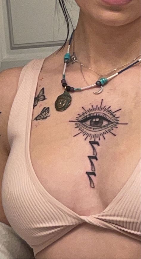 3rd Eye Tattoo, 777 Tattoo, Third Eye Tattoos, Dark Tattoos, Small Chest Tattoos, Chest Tattoos For Women, Tattoos For Black Skin, Pretty Tattoos For Women, Dope Tattoos For Women