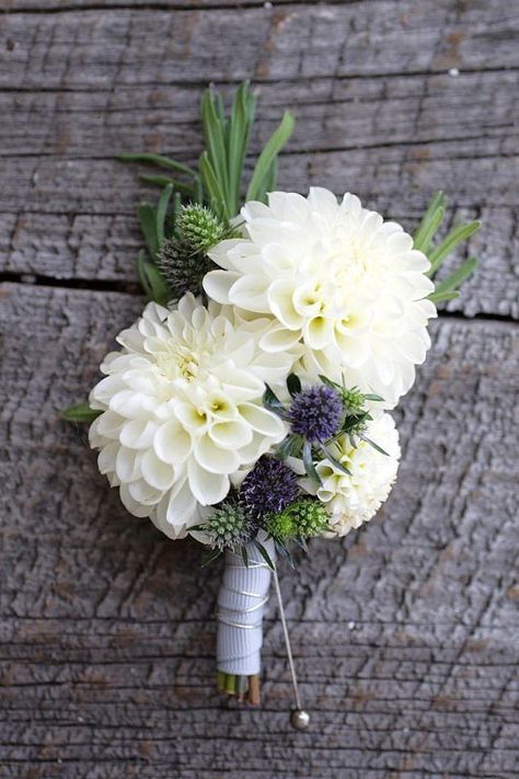 LOVE this boutonniere! Colors, texture, everything! Not sure what the white flowers are. #flowers Wedding Flowers Cost, Dahlia Wedding Bouquets, Dahlias Wedding, Bouquet Bride, Flowers And Greenery, Hydrangeas Wedding, Prom Flowers, Boutonniere Wedding, Fall Wedding Colors