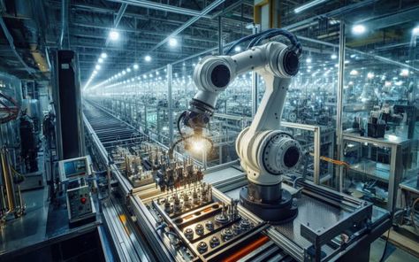 Robot Arms on Fully Automated Assembly Line Inside Modern Electronics Factory royalty free stock photo Robot Factory, Robotic Automation, Assembly Line, Power Energy, Thundercats, White Stone, Car Wash, Habitat, Men's Fashion