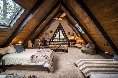 Lux Boho, Big Bear Lake California, Attic Bedroom Designs, A Frame Cabins, Bedroom Frames, A Frame House Plans, Cabin Interiors, Big Bear Lake, A Frame Cabin