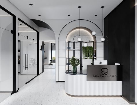 Clinic Lighting Design, Interior Design Dental Office, Luxurious Clinic Design, Dental Clinic Minimalist, Hospital Clinic Interior, Black Lobby Design, Minimalist Clinic Interior Design, Dental Clinic Lighting Design, Dental Clinic Interior Black And White