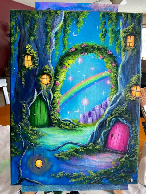 Imagination Painting Ideas, Fairytale Painting Fantasy Art, Fairy Home Painting, Magical Paintings Easy, In Love Painting Ideas, Whimsical Paintings Acrylic, Fairy Garden Art Painting, Fairy Painting Ideas On Canvas, Whimsical Art Paintings Fairies