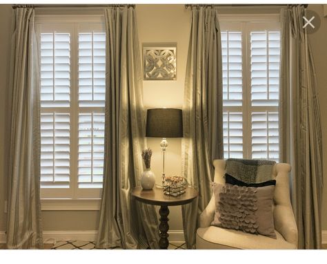 Macys Curtains, Shutters And Curtains Together, Curtains Over Shutters, Curtains 2023, Kansas Farmhouse, Shutters Curtains, Shutters With Curtains, Windows Treatments, Shutters Living Room