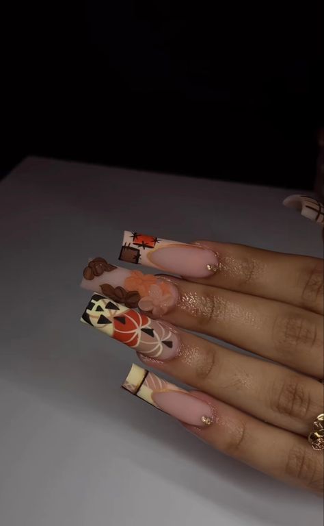 By @glambylez Fall Nail Sets Black Women, Red Pumpkin Nails, Fall Acrylic Nails Black Women, Fall Nails Pumpkins, Short Cute Fall Nails, Fall Theme Nails Acrylic, Fall Nail Inspo 2024 Almond, Pumpkin Patch Nails, Fall Themed Nails Acrylic