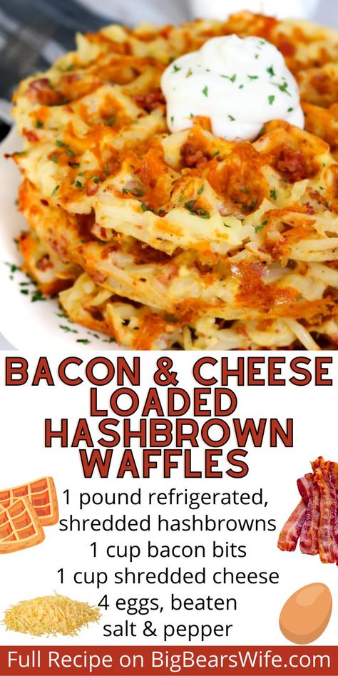 Loaded Potato Waffle Recipe, Hashbrown Waffles Shredded, Loaded Potato Waffles, Hashbrown Waffle Iron Recipes, Waffle Maker Hashbrowns, Homemade Shredded Hashbrowns, Bacon Breakfast Recipes, Loaded Waffles, Loaded Hashbrowns