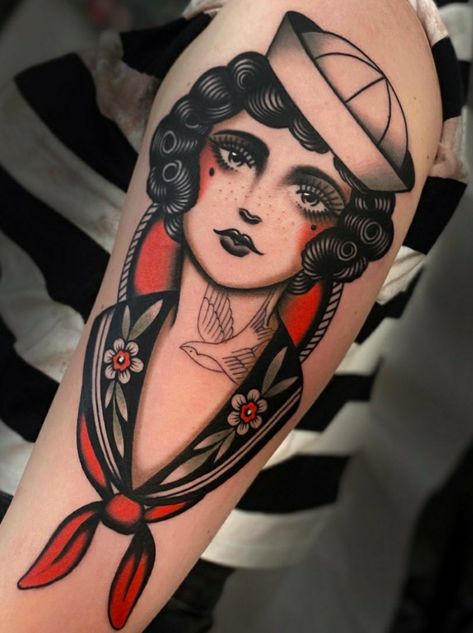 Sailor Woman Tattoo, Traditional Lady Face Tattoo, American Traditional Portrait, Woman Traditional Tattoo, Traditional Girl Tattoo, Traditional Tattoo Face, Traditional Woman Tattoo, American Traditional Woman, Traditional Tattoo Woman Face