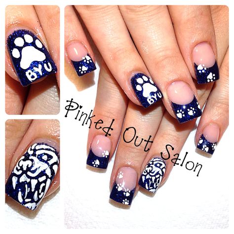 BYU football nails!  Check out Pinked Out Salon on FB!! Byu Football Nails, Byu Nails, Football Nails Design, Football Nail Designs, Pedi Designs, Paw Print Nails, Byu Football, Sports Nails, Football Nails