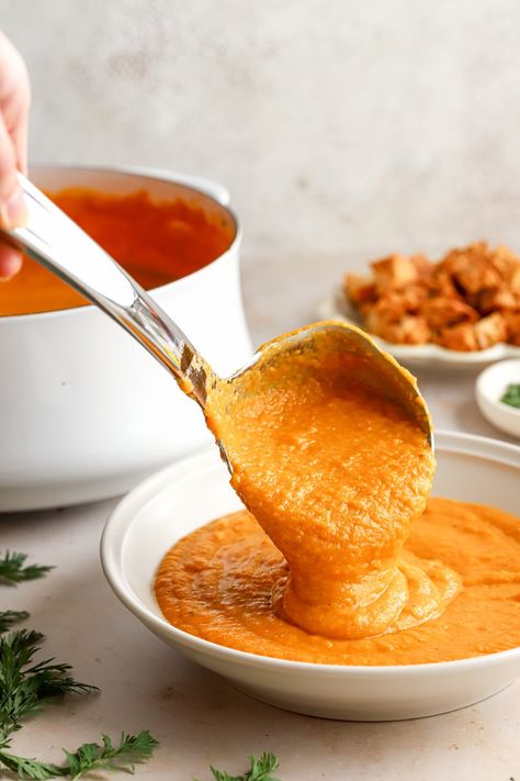 This Creamy Carrot Red Lentil Soup is easy to make, full of flavor, and totally plant based. Made with blended carrots, red lentils, and coconut milk, this cozy soup is full of warm spices that truly take it next level in the flavor department. Made in about 30 minutes on your stove top, I've also included directions for slow cooker and Instant Pot. Carrot And Lentil Soup, Creamy Soup Recipes, Cozy Soup, Chickpea Soup, Red Lentils, Red Lentil Soup, Creamy Soup, Red Lentil, Lentil Soup