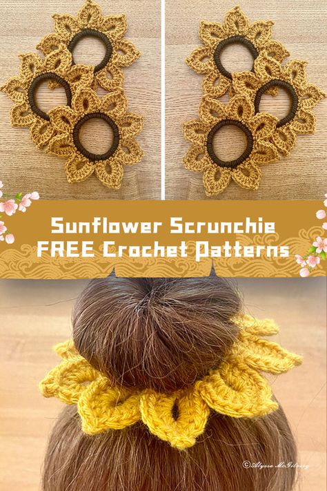 Get creative with these #crochet patterns for sunflower scrunchies. They're free and perfect for adding a touch of summer to your hair! Diy Crochet Hair Accessories, Sunflower Scrunchie, Diy Hair Accessories Tutorial, Scrunchie Crochet, Flower Scrunchie, Crochet Hair Clips, Hair Crochet, Crochet Earrings Pattern, Crochet Hair Accessories