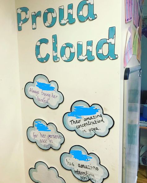 Miss H 👩🏼‍🏫 on Instagram: “Our ‘Proud Cloud’ any child’s accomplishments which I am proud of in the week are added to the proud cloud. - This is a really great…” Eyfs Behaviour Management, Proud Cloud Display, Proud Cloud, Nursery Display Boards, Nurture Room, Primary Classroom Displays, Diversity Activities, Word Cloud Design, Reception Classroom