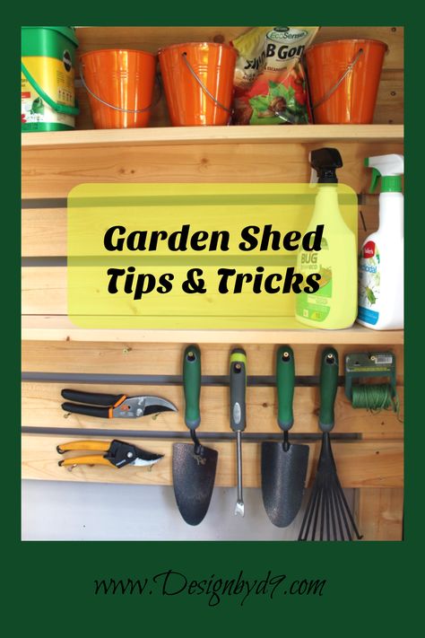 Garden shed slat wall with orange pots and garden tools, including shovels, rake, pruners and string. Garden Shed Organization Ideas, Garden Shed Organization, Shed Organization Ideas, Shed Black, Tool Wall Storage, Garden Tool Organization, Shed Organization, Garden Storage Shed, Diy Porch