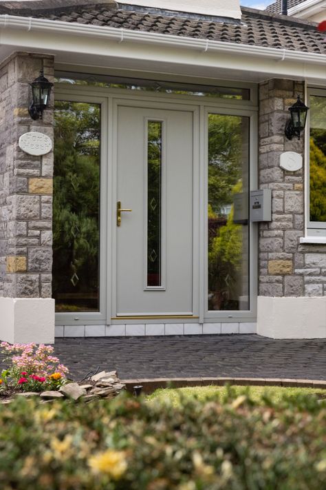 Internal Porch Door Ideas, Double Wide Front Door, Composite Doors Uk, Front Door Composite, 1930s Front Door With Side Panels, Uk Front Door, Composite Front Door With Side Panel, Agate Grey Front Door, Double Doors Exterior Entrance