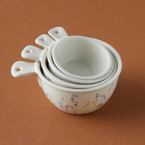 White Floral Ceramic Measuring Cups Measuring Cups Aesthetic, Cups Aesthetic, Ceramic Measuring Cups, Bakers Kitchen, Cottage Aesthetic, Spring Meadow, Cooking Gadgets, Decor Buy, Kitchen Canisters