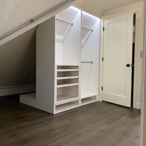 Ikea Closet Hack Sloped Ceiling, Attic Closet Ideas Angled Ceilings Slanted Walls Storage, Slanted Roof Closet, Walk In Closet Slanted Ceiling, Attic Drawers, Angled Closet Ideas Sloped Ceiling, Attic Closet Ideas Angled Ceilings, Slanted Wall Closet, Closet With Slanted Ceiling